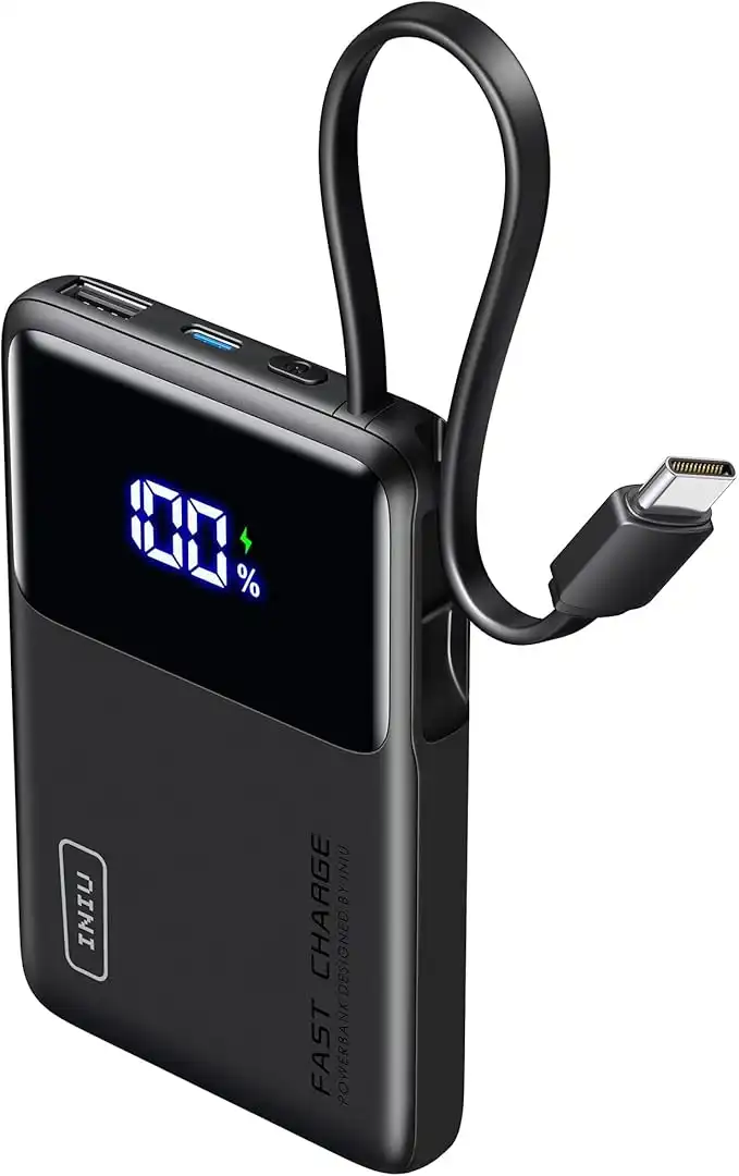 INIU 45W Power Bank, Slimmest 10000mAh Portable Charger with Build in USB-C Cable, Fast Charging USB C in&Out Battery Pack, Travel External Phone Charger for iPhone 16 15 Samsung S24 S23 Google etc