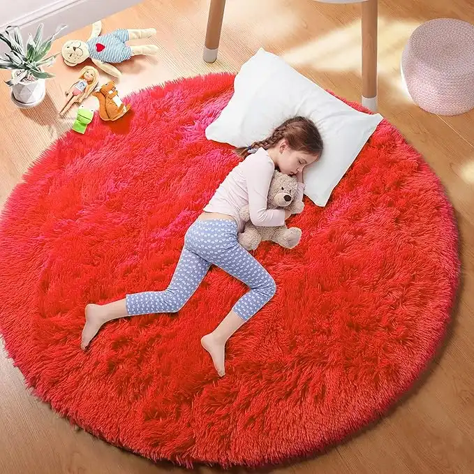 PAGISOFE Red Round Rugs for Livingroom, Circle Rugs 5x5 Feet, Ultra Soft Children Rugs for Boys/girls Bedroom, Fluffy Carpets, Shaggy Rugs, Small Teepee Furry Mat, Comfy Reading Rug, Circular Rug