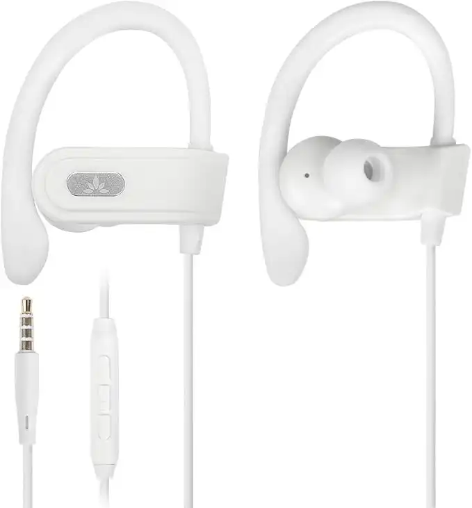 Avantree E171 - Sports Earbuds Wired with Microphone, Sweatproof Wrap Around Earphones with Over Ear Hook, In Ear Running Headphones for Workout Exercise Gym Compatible with Cell Phones - White
