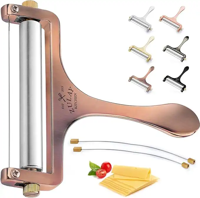 Zulay Kitchen Cheese Slicer With Adjustable Thickness - Heavy Duty Stainless Steel Cheese Slicers With Wire - Premium Wire Cheese Slicer For Soft & Semi-Hard Cheeses - 2 Extra Wires Included (Copper)