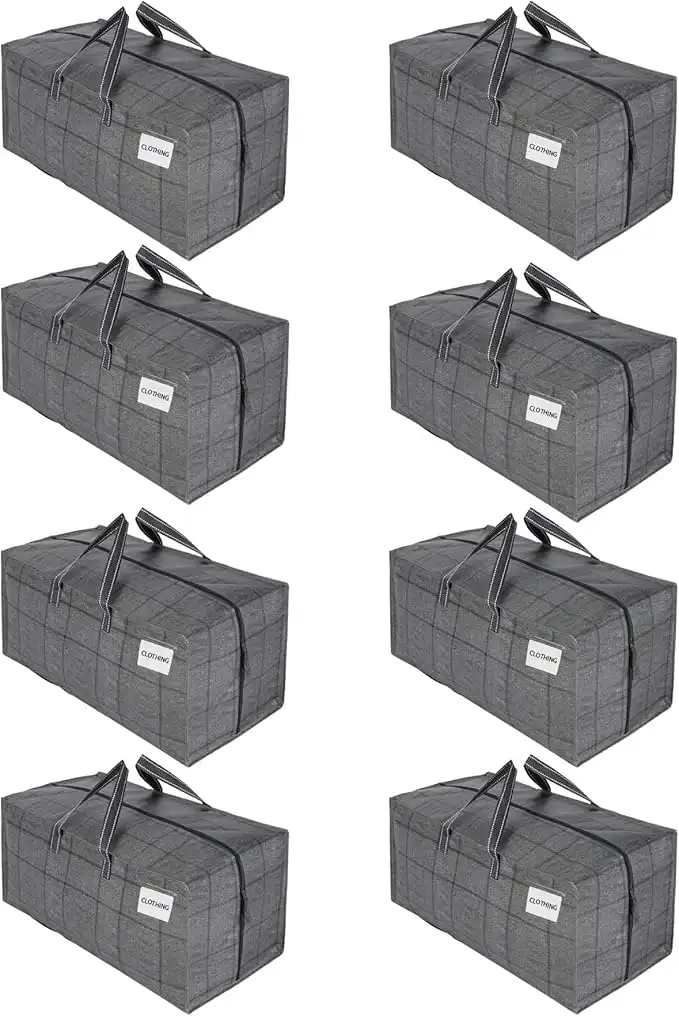 VENO 8 Pack Heavy Duty Extra Large Moving Bags W/Backpack Straps Strong Handles & Zippers, Storage Totes For Space Saving, Fold Flat, Alternative to Moving Box (Windowpane, 8 Pack)
