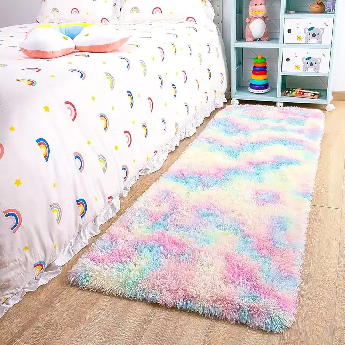 junovo Soft Rainbow Area Rugs for Girls Room, Fluffy Colorful Rugs Cute Floor Carpets Shaggy Playing Mat for Kids Baby Girls Bedroom Nursery Home Decor, 2ft x 6ft Tie-dyed Rainbow