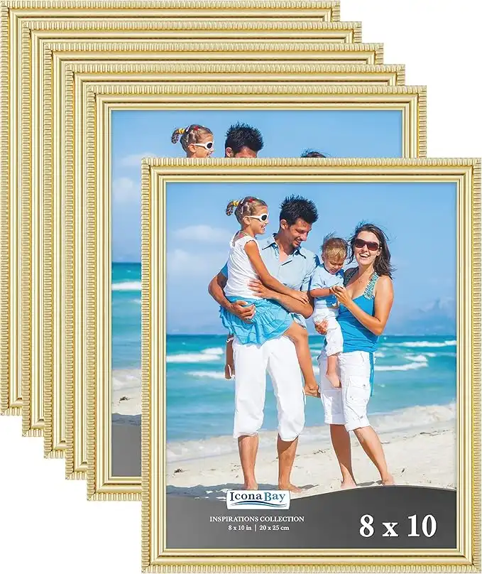 Icona Bay 8x10 Picture Frames (Gold, 6 Pack), Beautifully Detailed Molding, Contemporary Picture Frame Set, Wall Mount or Table Top, Inspirations Collection
