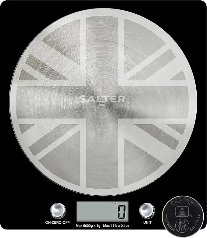 Salter 1036 UJBKDR Electronic Kitchen Scale - Digital Weigh Scale, Union Jack Design Spun Stainless Steel Disc Platform, LCD Display, 5kg Capacity, Battery Included, Add & Weigh/Tare, Measure Liquids
