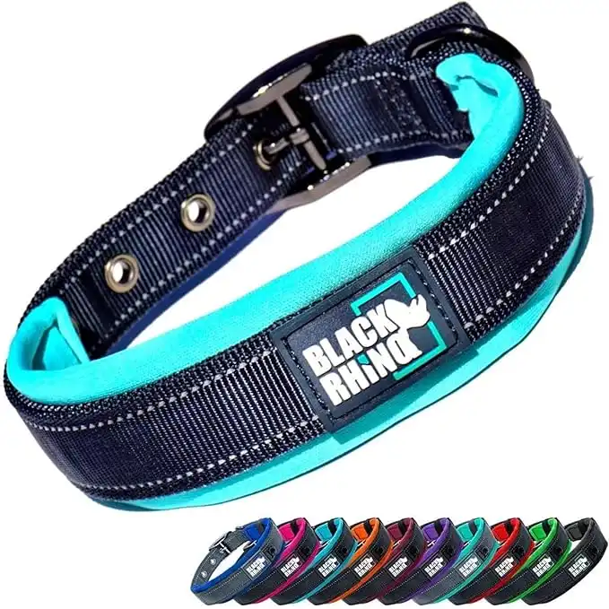 Black Rhino - The Comfort Collar Ultra Soft Neoprene Padded Dog Collar for All Breeds - Heavy Duty Adjustable Reflective Weatherproof (Medium, Aqua/Grey)