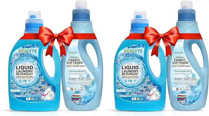 ECOLYTE+ Liquid Laundry Detergent & Fabric Softener Bundle, 6 in 1 Deep Clean, Perfect Clean, Long Lasting Scent, Enhances Softness, Feel Luxurious - (Ocean Breeze, 2 Liter, Pack of 4)