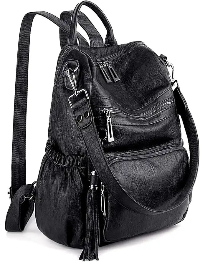 UTO Women Backpack Purse PU Washed Leather Convertible Ladies Rucksack Tassel Zipper Pocket Shoulder Bag