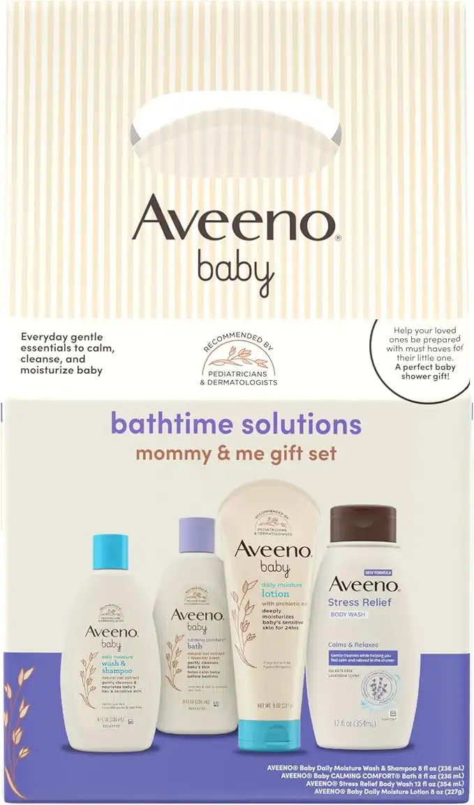 Aveeno Baby Mommy & Me Daily Bathtime Gift Set including Baby Wash & Shampoo, Calming Baby Bath & Wash, Baby Moisturizing Lotion & Stress Relief Body Wash for Mom, Soap-Free, 4 items