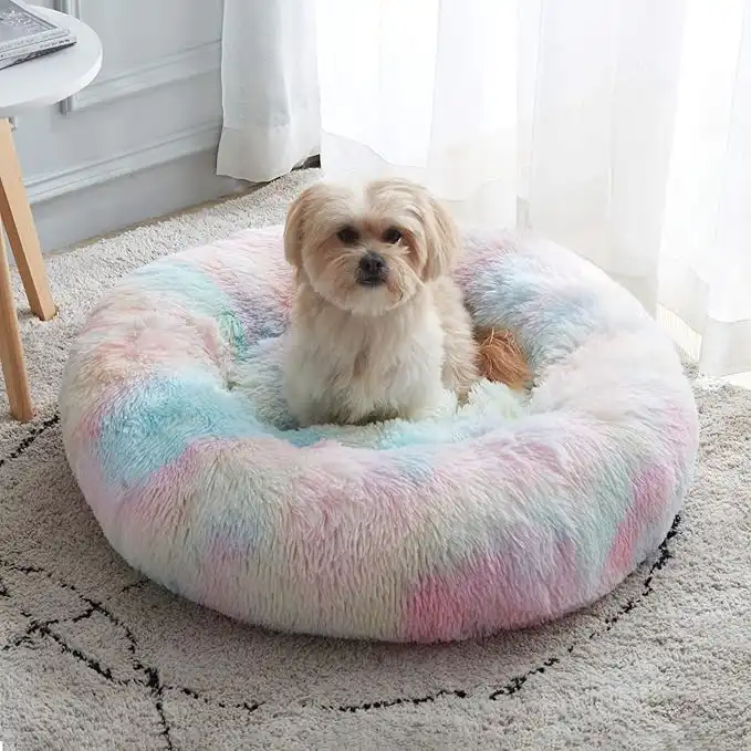 Calming Dog Bed & Cat Bed, Anti-Anxiety Donut Dog Cuddler Bed, Warming Cozy Soft Dog Round Bed, Fluffy Faux Fur Plush Dog Cat Cushion Bed for Small Medium Dogs and Cats (20"/24"/27"/30")