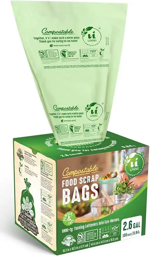 UNNI Compostable Liner Bags, 2.6 Gallon, 9.84 Liter, Extra Thick 0.71 Mil, 100 Count, Small Kitchen Food Scrap Waste Bags, ASTM D6400, US BPI, CMA and Europe OK compost HOME Certified