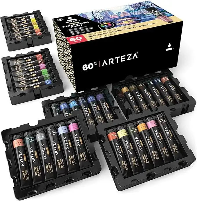 ARTEZA Watercolor Paint Set, 60 Colors in 12 ml/0.4 US fl oz Tubes, Premium Non Toxic Water Colors Paint for Adults, Artists & Hobby Painters, Bright Vibrant Watercolor Paints