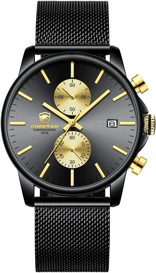 GOLDEN HOUR Men’s Watch Fashion Sleek Minimalist Quartz Analog Mesh Stainless Steel Waterproof Chronograph Watches