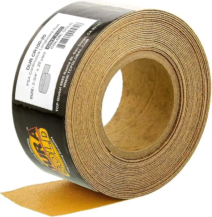 Dura-Gold Premium Gold 100 Grit PSA Longboard Sandpaper, 20 Yard Roll, 2-3/4" Wide, Self Adhesive Stickyback, Woodworking & Automotive Sandpaper Roll, Air File Sand Paper, Auto Sanding Blocks