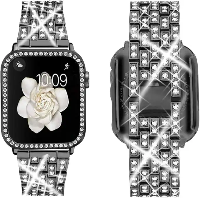 Supoix Compatible with Apple Watch Strap 38 mm 40 mm 41 mm 42 mm 44 mm 45 mm 49 mm + Case, Women's Jewellery Bling Diamond Rhinestone Replacement Metal Strap & 2 Pieces PC Protective Case for iWatch