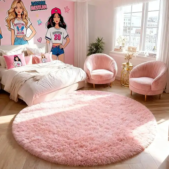 PAGISOFE 5 x 5 ft Area Rug, Pink Round Rug, Circle Rugs for Girls Bedroom, Fluffy Carpets, Shaggy Rugs, Small Teepee Furry Mat, Comfy Reading Rug, Circular Rugs for Kids Baby Nursery Room