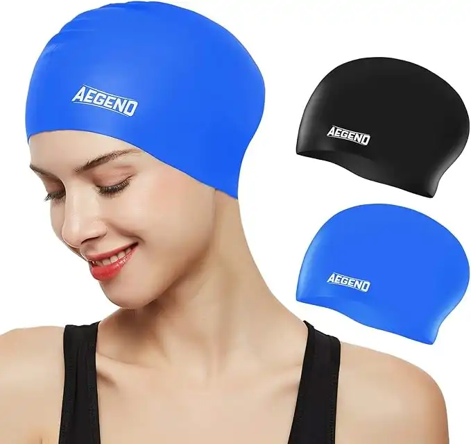 Aegend Swim Caps for Long Hair, Durable Silicone Swimming Caps for Women Men Adults Youths, Easy to Put On and Off, Waterproof Swim Hats Bathing Caps to Keep Hair Dry, 2 Pack, Black Blue