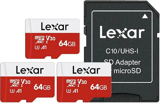 Lexar E-Series 64GB Micro SD Card 3 Pack, microSDXC UHS-I Flash Memory Card with Adapter, 100MB/s, C10, U3, A1, V30, Full HD, 4K UHD, High Speed TF Card