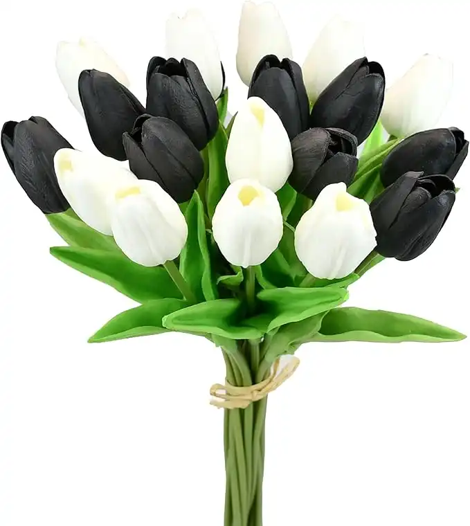 Mandy's Artificial Tulips 20 Stems Black and White PU Faux Flowers for Valentine's Day and New Year Decorations Wedding Home Decor 13.5 Inch