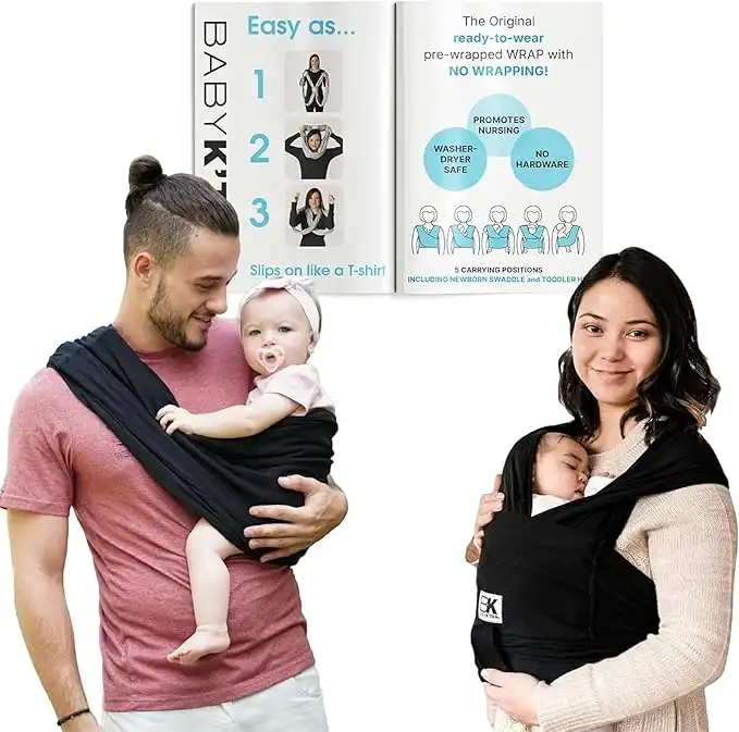 Baby K'tan Original Baby Wrap Carrier, Infant and Child Sling - Simple Wrap Holder for Babywearing - No Rings or Buckles - Carry Newborn up to 35 lbs, Black,Women 10-14 (Medium), Men 39-42.