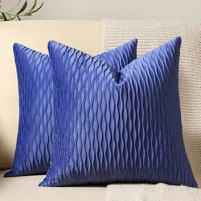 DEZENE 18x18 Blue Throw Pillow Covers: 2 Pack Original Striped Velvet Square Decorative Pillow Cases for Farmhouse Couch,