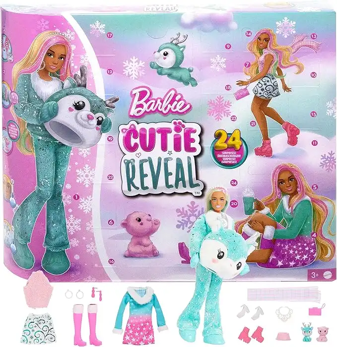 Barbie Cutie Reveal Advent Calendar with Doll & 24 Unboxing Surprises, Holiday Advent Calendar with Color Change