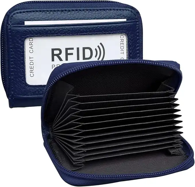 RFID Blocking Genuine Leather Credit Card Case Holder Security Travel Wallet - Navy Blue