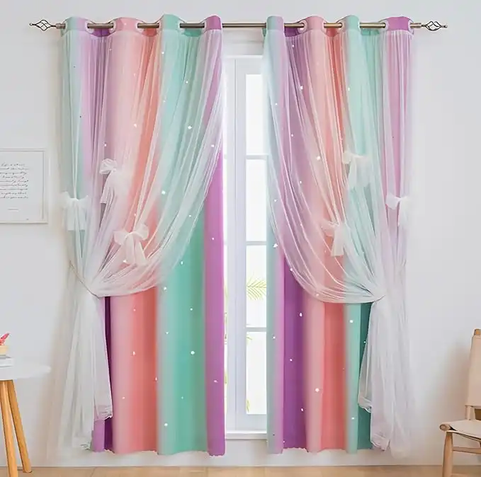 Yancorp Curtains for Girls Bedroom Kids Room Curtain Colorful Window Nursery Curtain 63 inches Length Room Darkening Grommet 2 Layers (Green Pink Purple, W52 X L63)