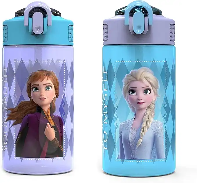 Zak Designs Disney Frozen 2 Kids Water Bottle Set with Reusable Straws and Built in Carrying Loops, Made of Plastic, Leak-Proof Water Bottle Designs (Elsa & Anna, 16 oz, BPA-Free, 2pc Set)