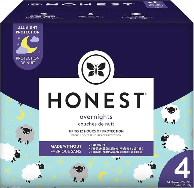 The Honest Company Clean Conscious Overnight Diapers | Plant-Based, Sustainable | Sleepy Sheep | Club Box, Size 4 (22-37 lbs), 54 Count