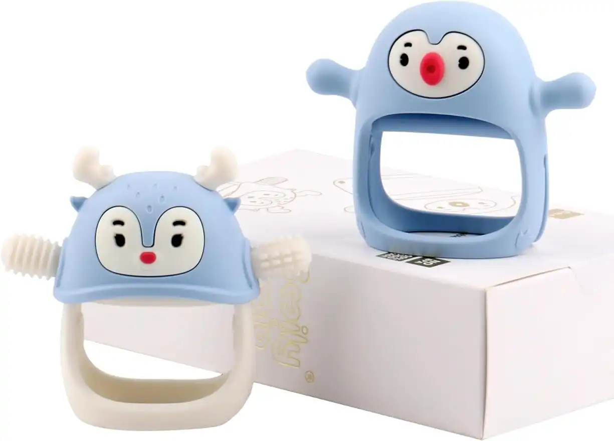 Smily Mia 2-Pack Baby Silicone Teether Set – Penguin and Reindeer Wearable Hand Teething Toys for 0-12 Months, Anti-Drop Design, Gum Massager for Sucking and Chewing, BPA-Free, Gift Box, Light Blue