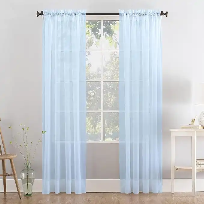a pair of 3+7cm slot top sheer lucy voile curtain with tie backs 31 colors 10 sizes (baby blue, 56" wideX90 drop(W142cmXH228.5cm))