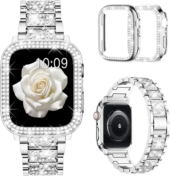 Mosonio Compatible with Apple Watch Band 38mm 40mm 41mm 42mm 44mm 45mm 49mm with 2 Pack Case Women, Jewelry Replacement Metal Wristband Strap with Bling PC Protective Case for iWatch Ultra SE Series