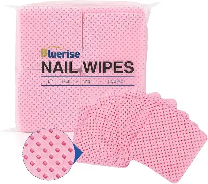 BLUERISE Lint Free Nail Wipes Pink 600pcs Nail Polish Remover Pads Soft Absorbable Eyelash Extension Glue Cleaning Wipes