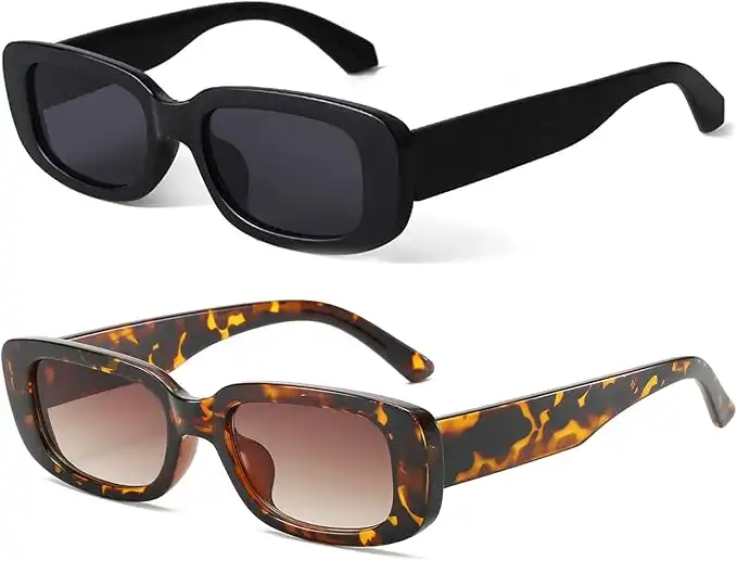 KUGUAOK Retro Rectangle Sunglasses Women and Men Vintage Small Square Sun Glasses UV Protection Glasse, 2 Pack Black + Leopard, 2 PACK