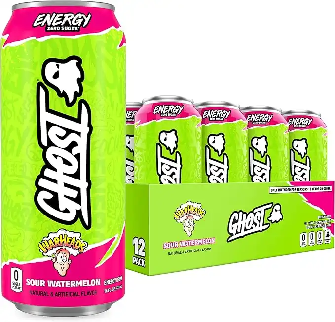 GHOST ENERGY Sugar-Free Energy Drink - 12-Pack, WARHEADS Sour Watermelon, 16oz - Energy & Focus & No Artificial Colors - 200mg of Natural Caffeine, L-Carnitine & Taurine - Soy & Gluten-Free, Vegan?