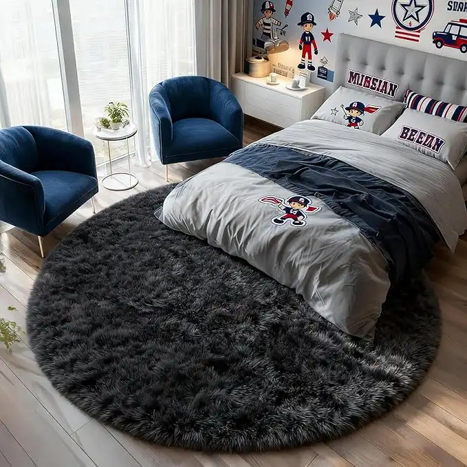 PAGISOFE Area Rug, Pink Round Rug Circle, Rugs for Girls Bedroom, Fluffy Carpets, Shaggy Rugs, Small Teepee Furry Mat, Comfy Reading Rug, Circular Rugs for Kids Baby Nursery Room, Black, 5' x 5'