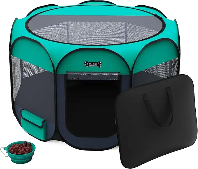 Ruff 'n Ruffus Portable Dog Playpen | Premium Indoor/Outdoor Foldable Dog Pen | Water-Resistant + UV Shade | Bonus: Free Case & Travel Bowl | 3