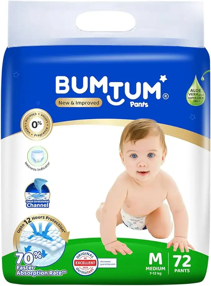 Bumtum Baby Diaper Pants, M (Size 3), 7-12 kg, Double Layer Leakage Protection Infused With Aloe Vera, Cottony Soft High Absorb Technology, 72 Diaper (Packing may vary)