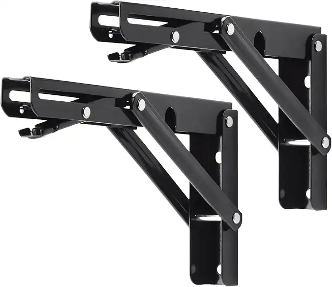YUMORE Folding Shelf Brackets 200 mm, Black Folding Shelf Brackets, Heavy Duty Shelf Brackets, Wall Table Space-Saving DIY Triangular Brackets, Maximum Load 136 kg [2 Pieces]
