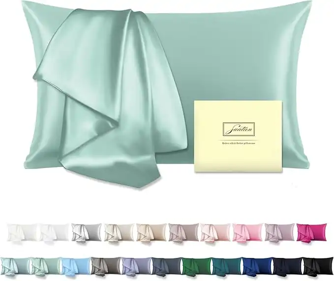 SUATIEN Mulberry Silk Pillow Cases Queen Size Silk Pillowcase for Hair and Skin with Zipper Soft Breathable Smooth Cooling Silk Pillow Case for Sleeping,Gifts for Women (Sage Green,20"X 30",1Pcs)