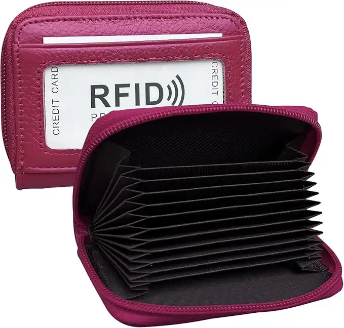 RFID Blocking Genuine Leather Credit Card Case Holder Security Travel Wallet - Rose