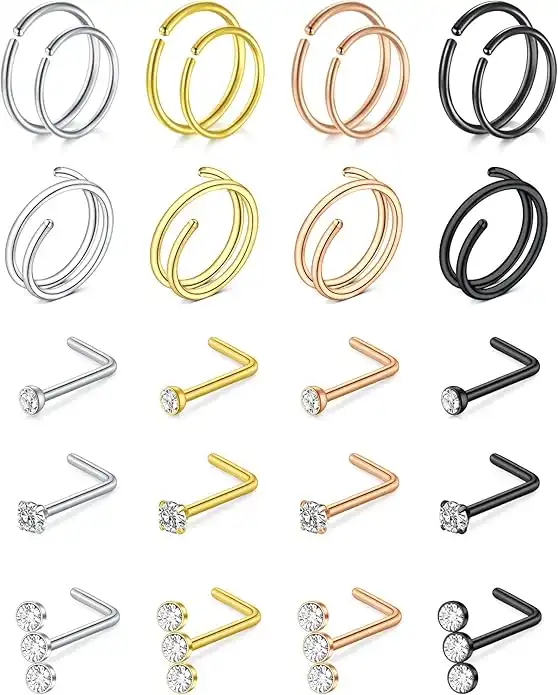 MODRSA Nose Rings 20g Nose Rings Hoops Nose Studs Nose Rings for Women Surgical Steel Nose Hoops 20 gauge Nose Screw Nose Piercing Jewelry Silver Rose Gold