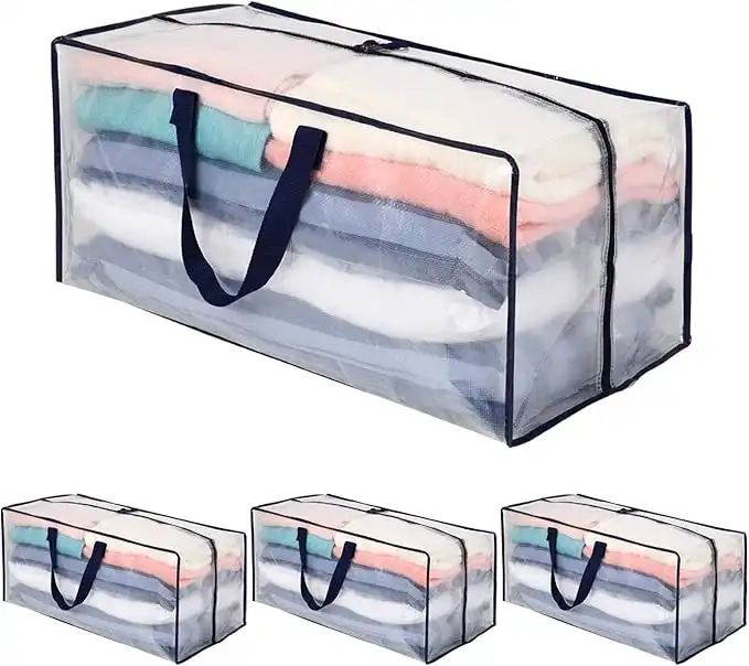 VENO 4 Pack Heavy Duty Extra Large Clear Moving Bags W/Backpack Straps Strong Handles & Zippers, Storage Totes for Space Saving, Fold Flat, Alternative to Moving Box (Clear, 4 Pack)