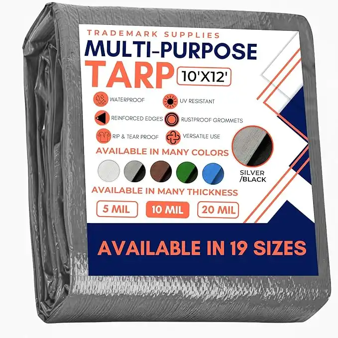 Trademark Supplies Tarp Cover 10X12 Silver/Black Heavy Duty Thick Material, Waterproof, Great for Tarpaulin Canopy Tent, Boat, RV or Pool Cover!