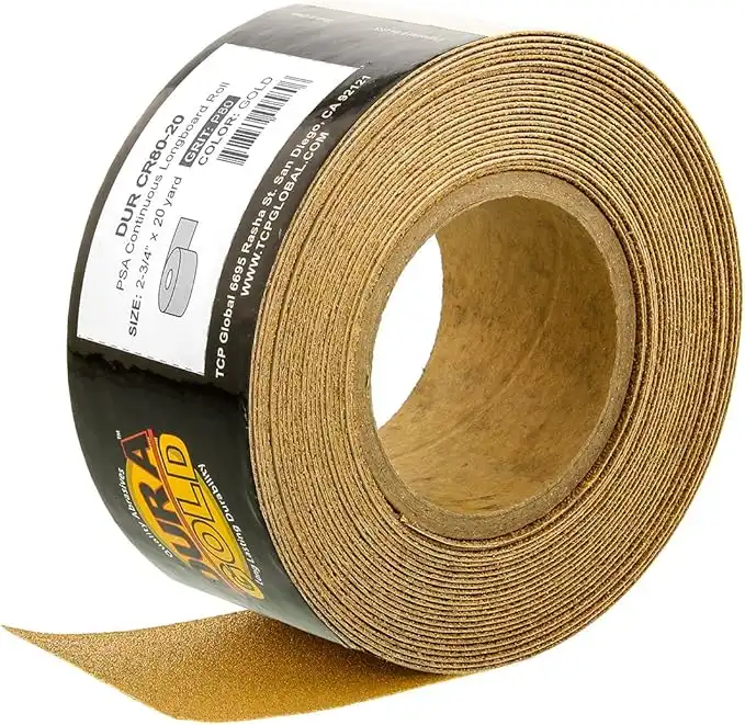 Dura-Gold Premium 80 Grit Gold PSA Longboard Sandpaper 20 Yard Long Continuous Roll, 2-3/4" Wide - Self Adhesive Stickyback Sandpaper for Automotive, Woodworking, Air File Sanders, Hand Sanding Blocks