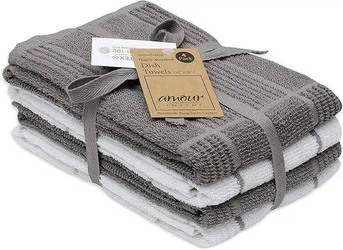 AMOUR INFINI Terry Dish Towel | Set of 4 | 16 x 26 Inches | Durable, Soft and Absorbent |100% Cotton Dishtowels | Perfect for Household and Commercial Uses | Light Gray