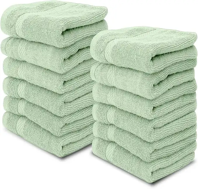White Classic Luxury Cotton Washcloths 13x13 Inch - 650 GSM Turkish Cotton | Hotel, Spa, Bathroom Face Towel | 12 Pack, Light Green
