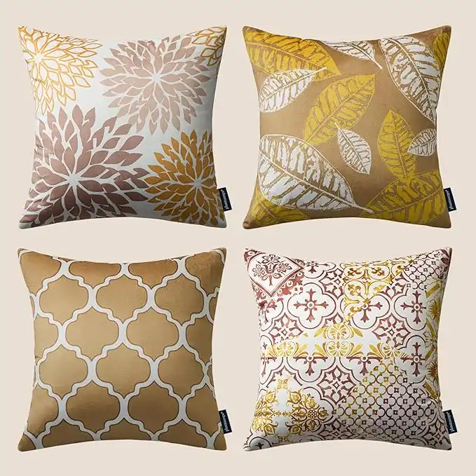 Phantoscope Set of 4 New Living Series Velvet Pillows Leaf Geometric Throw Decorative Velvet Pillow Cover Cushion Cover, Beige Gold 20 x 20 inches 50 x 50 cm