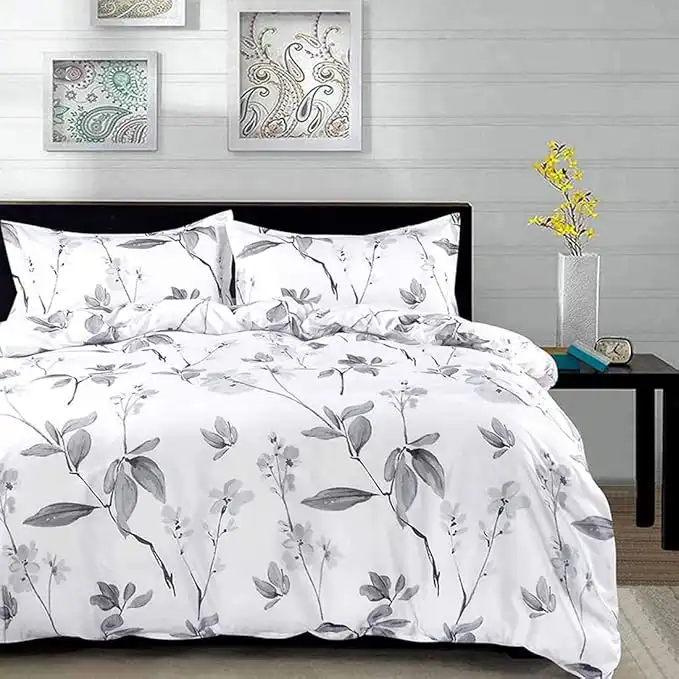 Nanko King Duvet Cover Set 3 Piece - 104x90 Luxury Microfiber Gray Grey and White Floral Flowers Comforter Cover with Zipper Closure, Ties - Best for Men and Women, Leaf