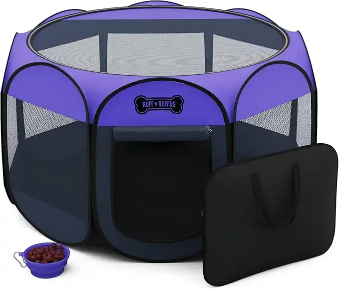 Ruff 'N Ruffus Portable Foldable Pet Playpen + Free Carrying Case + Free Travel Bowl | Available in 3 Sizes (Medium (29"x29"x17"))